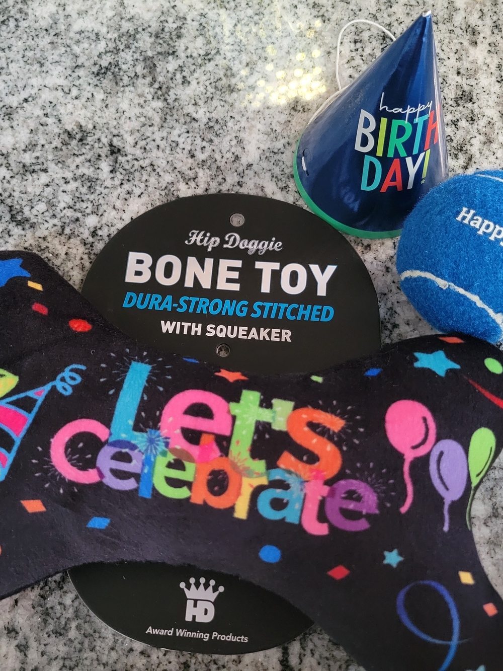 Dog birthday 3 pc set-Let's Celebrate Black Bone Toy with Squeaker, ball and hat